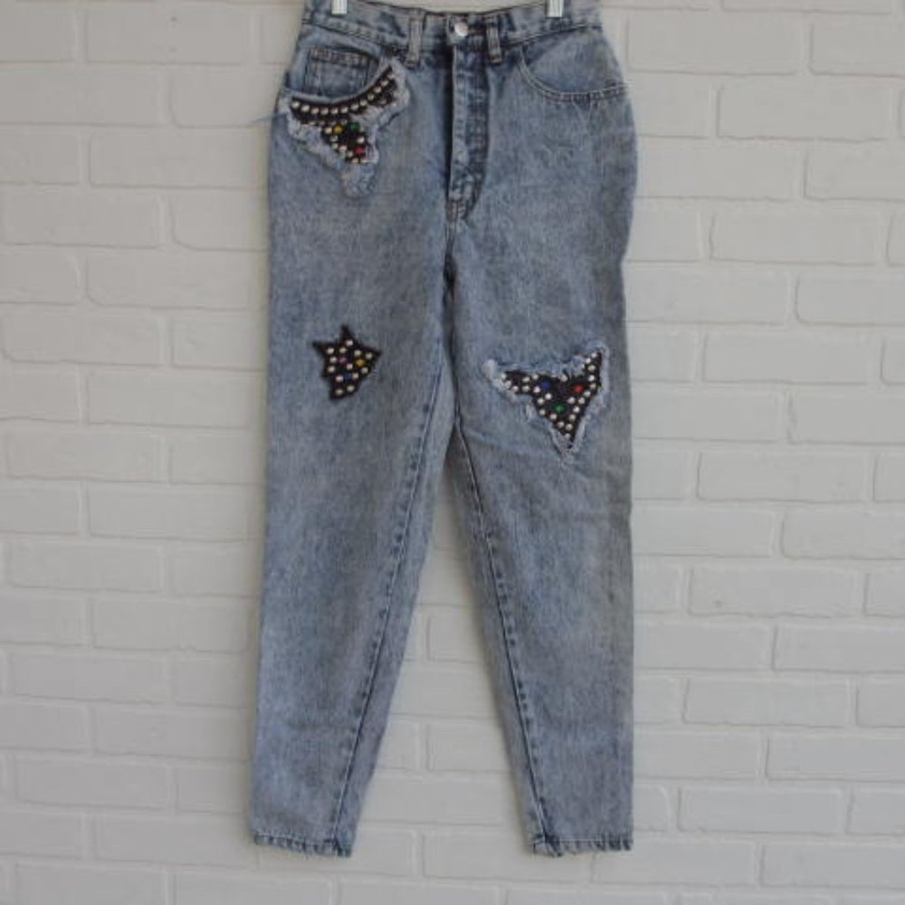 Vintage 90s American Dakota Blue Acid Wash High Rise Studded Patch Jeans Size 7